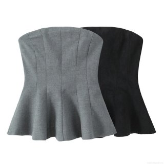 Elegant Women Strapless Peplum Tube Top Sexy Suede Woven Bodycon Bustier For Party Club Sleeveless Slim Fit Solid Color Peplum Blouse