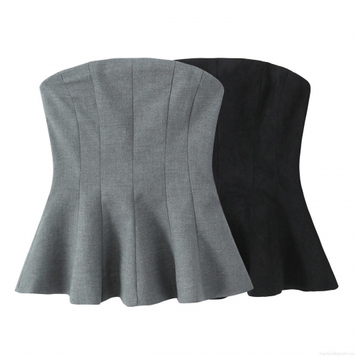 Elegant Women Strapless Peplum Tube Top Sexy Suede Woven Bodycon Bustier For Party Club Sleeveless Slim Fit Solid Color Peplum Blouse