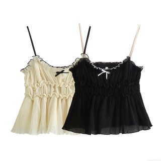 Women's Sexy Pleated Chiffon Camisole With Bow Decoration Ruffle Hem Slim Fit Polyester Crop Tank Top For Summer Party Clubwear