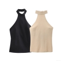 Women Halter Neck Tank Top Polyester Linen Blend Backless Sleeveless Top With Metal Buckle Summer Elegant Socialite Crop Top For Party Dating Women