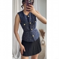 Women's Tweed Sequin Vest With Belt Sleeveless Round Neck Jacket Gold Button Lady Style Socialite Waistcoat Polyester Fashion Top