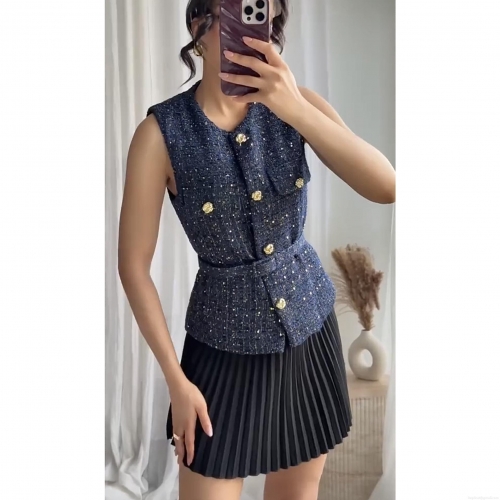 Women's Tweed Sequin Vest With Belt Sleeveless Round Neck Jacket Gold Button Lady Style Socialite Waistcoat Polyester Fashion Top