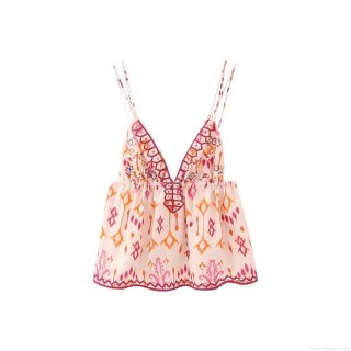 Bohemian V-Neck Spaghetti Strap Camisole Top For Women 100% Polyester Ethic Print Tank Top With Tassels And Sequins Summer Vacation Beach Party Wear