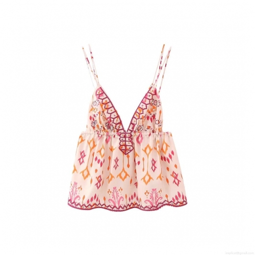 Bohemian V-Neck Spaghetti Strap Camisole Top For Women 100% Polyester Ethic Print Tank Top With Tassels And Sequins Summer Vacation Beach Party Wear