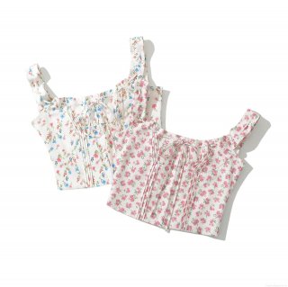 Women's Floral Print Camisole Polyester Tie Front Shirred Cropped Tank Top Summer Casual Streetwear Sleeveless Shirt