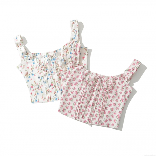 Women's Floral Print Camisole Polyester Tie Front Shirred Cropped Tank Top Summer Casual Streetwear Sleeveless Shirt