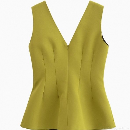 Women's Elegant V Neck Peplum Top Sleeveless Structured Polyester Blouse With Back Hidden Zipper Solid Color Slim Fit Summer Casual Tank Top