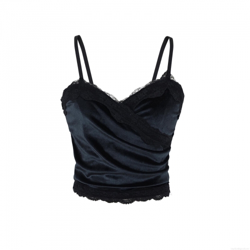 Women Sexy Lace Trim V-Neck Cami Top Silk Finish Polyester Spandex Spaghetti Strap Slim Fit Short Tank Top For Dating Club