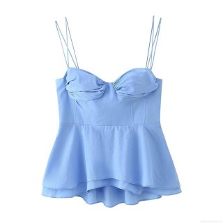 Women's Light Blue Spaghetti Strap Ruffle Hem Camisole Ruched Bust Smocked Back Woven Polyester Corset Style Tank Top for Summer Party Date Night