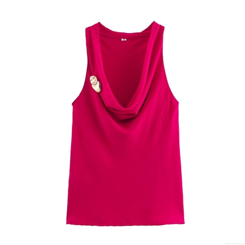 Women's Cowl Neck Sleeveless Tank Top Elegant Silk Luster Solid Color Vest With Gold Cicada Brooch Party Dating Slim Fit Polyester Top