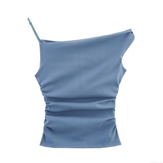 Women's Sexy Asymmetric One Shoulder Ruched Tank Top Slim Fit Solid Color Sleeveless Polyester Short Vest For Party Clubwear