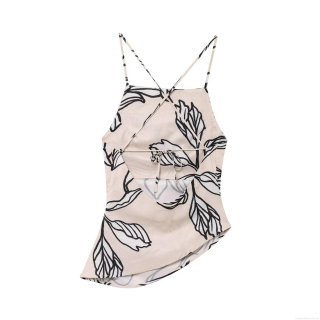 Women's Halter Neck Backless Cami Top Linen Blend Floral Print Asymmetric Hem Cross Straps Sexy Summer Tank Top For Vacation Beach Party Sleeveless Blouse