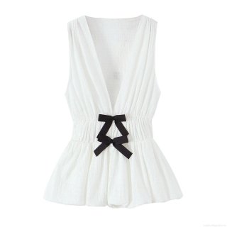 Women Elegant V-Neck Sleeveless Textured Top With Black Bow-knot Slim Fit Pleated Hem Camisole INS Style Summer Fashion Polyester Blouse For Women