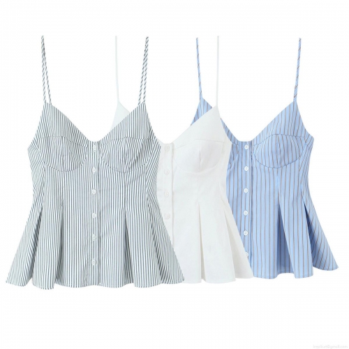 Women's Spaghetti Strap V Neck Button Down Camisole Top Pleated Peplum Poplin Striped Sexy Streetwear Summer Tank Tops