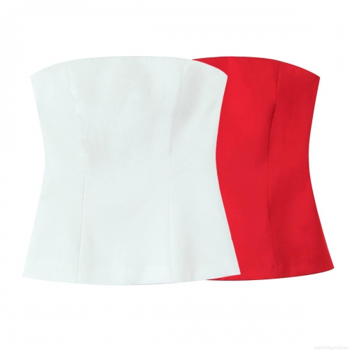 Women Strapless Tube Top Polyester Slim Fit Peplum Hem Back Zipper Off Shoulder Solid Color Elegant Party Clubwear Sleeveless Blouse