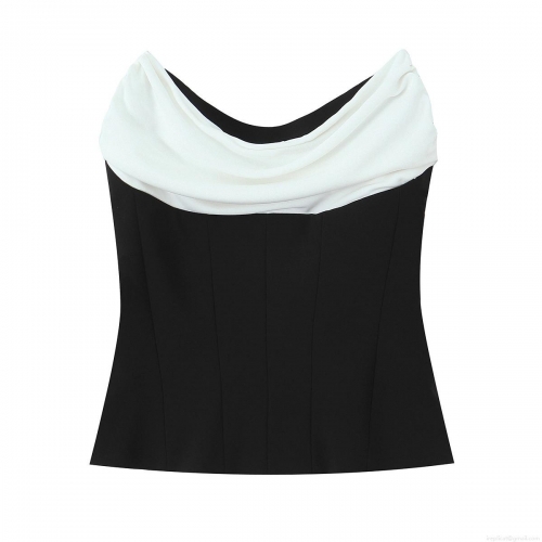 Women's Sexy Color Block Tube Top Slim Fit Strapless Ruffle Trim Sleeveless Polyester Shirt For Date Party Clubwear