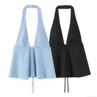 Women's Sexy Halter Neck Top Deep V Striped Solid Color Bow Tie Backless Peplum Cami Sleeveless Summer Top For Women Party Beach Vacation