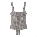 Women Sweet Gingham Backless Camisole Top Square Neck Polyester Spandex Check Print Tank Top With Tie Back Bow Sexy Summer Beach Vacation Party Top