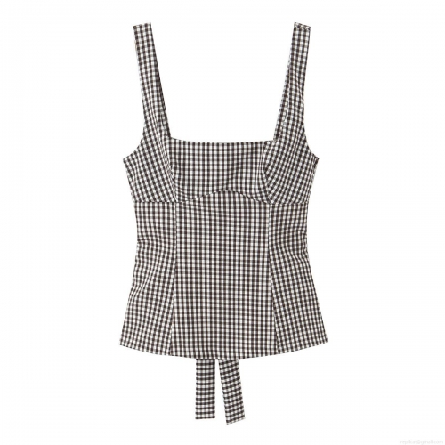 Women Sweet Gingham Backless Camisole Top Square Neck Polyester Spandex Check Print Tank Top With Tie Back Bow Sexy Summer Beach Vacation Party Top
