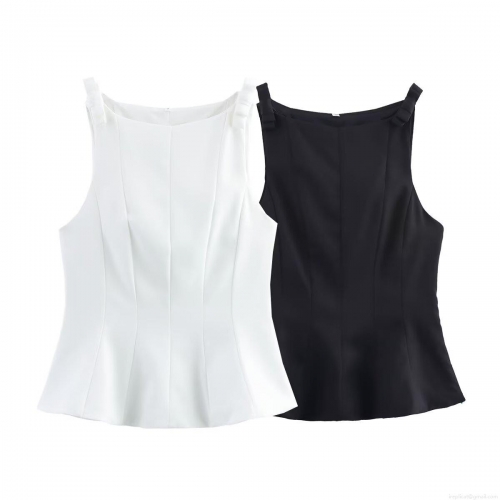Women's Elegant Sleeveless Peplum Top Square Neck Bow Shoulder Decoration Polyester Blouse Solid Color Slim Fit Tank Top For Daily Commuting Dating Party Summer Streetwear