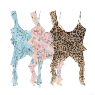 Women's Asymmetrical Ruffle Mesh Cami Top Polyester Floral Leopard Print Sexy Slim Fit Crop Tank Top For Summer Party Clubwear Fashion