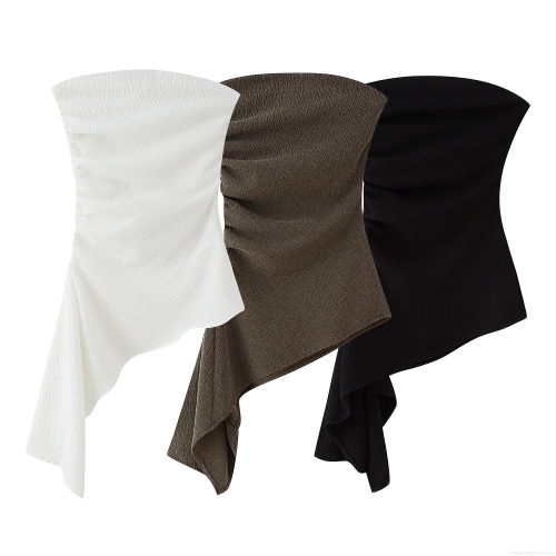 Women's Strapless Bandeau Top Pleated Asymmetric Hem Crop Top Sexy Ruched Off Shoulder Slim Fit Vest For Party Club Casual Summer Top