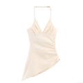 Women's Sexy Halter Neck Asymmetrical Camisole Top Ruched V-Neck Backless Milk White Acrylic Spandex Tank Top For Summer Party Clubwear