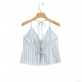 Women's Sexy Blue and White Vertical Striped Halter Camisole Top with Lace Trim and Tie Front Bows Summer Backless Sleeveless Tank Top for Beach Vacation Streetwear Acrylic Spandex