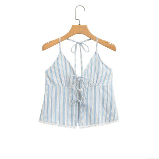 Women's Sexy Blue and White Vertical Striped Halter Camisole Top with Lace Trim and Tie Front Bows Summer Backless Sleeveless Tank Top for Beach Vacation Streetwear Acrylic Spandex