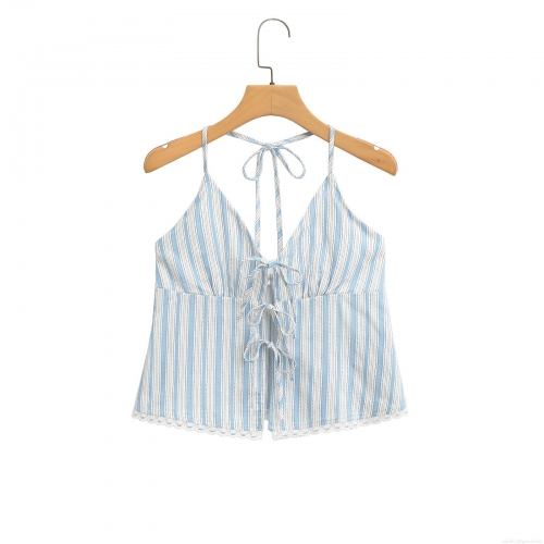 Women's Sexy Blue and White Vertical Striped Halter Camisole Top with Lace Trim and Tie Front Bows Summer Backless Sleeveless Tank Top for Beach Vacation Streetwear Acrylic Spandex