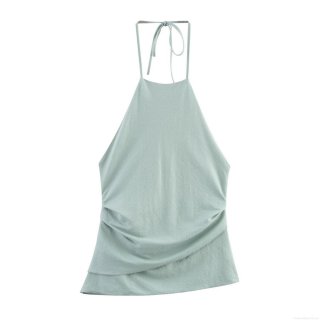 Women Sexy Halter Neck Backless Tank Top Asymmetric Layered Hem Ruched Lace Up Camisole Acrylic Spandex Mint Green Sleeveless Top for Summer Party Streetwear