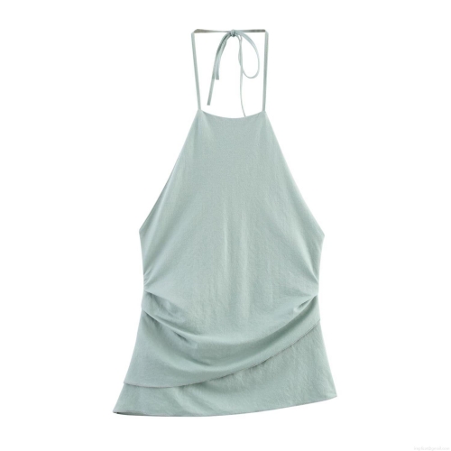 Women Sexy Halter Neck Backless Tank Top Asymmetric Layered Hem Ruched Lace Up Camisole Acrylic Spandex Mint Green Sleeveless Top for Summer Party Streetwear