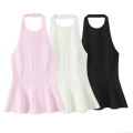 Women's Sexy Halter Neck Peplum Hem Top Backless Elastic Short Tank Top For Summer Clubwear Party