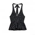 Women's Sexy Polka Dot Halter Neck Cami Top Backless Ruffle Hem Sleeveless Crop Top Party Clubwear Summer Fashion Top