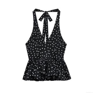 Women's Sexy Polka Dot Halter Neck Cami Top Backless Ruffle Hem Sleeveless Crop Top Party Clubwear Summer Fashion Top