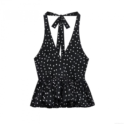 Women's Sexy Polka Dot Halter Neck Cami Top Backless Ruffle Hem Sleeveless Crop Top Party Clubwear Summer Fashion Top