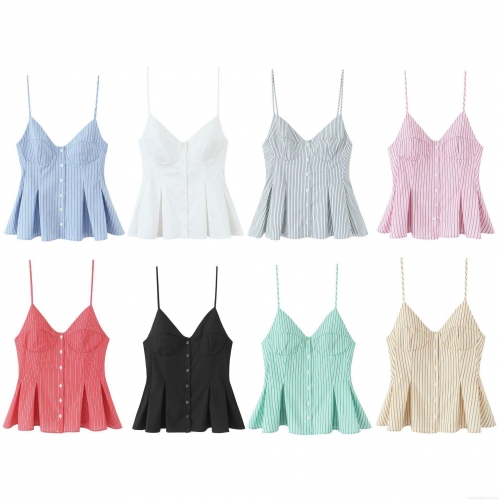 Sexy Women V Neck Button Up Peplum Camisole Top Slim Fit Striped Poplin Ruffle Tank Top For Summer Vacation Party Girls Sleeveless Shirt