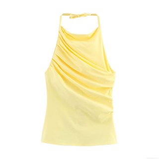 Women Halterneck Pleated Tank Top Polyester Backless Tie Back Sleeveless Crop Top For Summer Vacation Party Slim Fit Solid Color Elegant Blouse