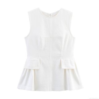 Women's Sleeveless Peplum Top Round Neck Cotton Blend Twill Fabric With Pocket Flaps Ruffle Hem Back Zipper Elegant Slim Fit Casual Vest For Summer Party Women