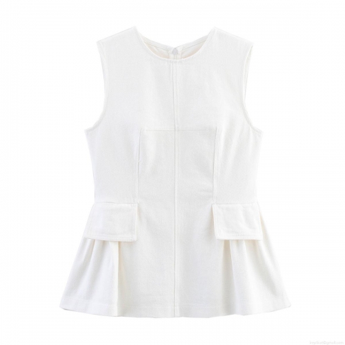 Women's Sleeveless Peplum Top Round Neck Cotton Blend Twill Fabric With Pocket Flaps Ruffle Hem Back Zipper Elegant Slim Fit Casual Vest For Summer Party Women