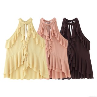 Women Halter Neck Ruffle Top Sexy Sleeveless Layered Polyester Chiffon Tank Top Backless Sweet Style Party Blouse For Lady