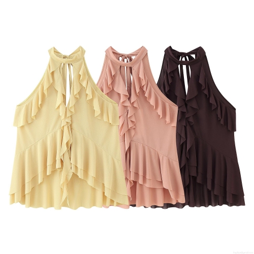 Women Halter Neck Ruffle Top Sexy Sleeveless Layered Polyester Chiffon Tank Top Backless Sweet Style Party Blouse For Lady