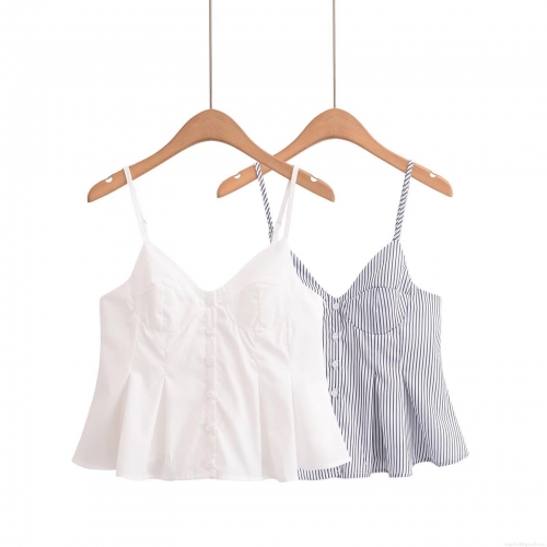 Women's Sexy V Neck Button Down Camisole Top Ruffle Hem Sleeveless Acrylic Spandex Stripe Crop Top For Summer Casual Party Streetwear