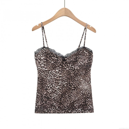Sexy Leopard Print Cami Top Women Lace Trim V-Neck Slim Fit Camisole With Adjustable Straps Bow Detail Streetwear Clubwear Sleeveless Top