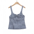 Women Blue White Gingham Checkered Tank Top Sexy Tie Front Bow Spaghetti Strap Slim Fit Crop Top For Summer Casual Streetwear Camisole