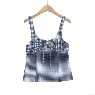 Women Blue White Gingham Checkered Tank Top Sexy Tie Front Bow Spaghetti Strap Slim Fit Crop Top For Summer Casual Streetwear Camisole
