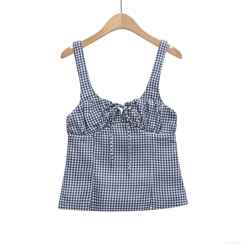 Women Blue White Gingham Checkered Tank Top Sexy Tie Front Bow Spaghetti Strap Slim Fit Crop Top For Summer Casual Streetwear Camisole