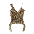 Women's Sexy Mesh Camisole Layered Ruffle Hem Leopard Floral Print Tank Top Slim Fit Asymmetric Straps Clubwear Party Sleeveless Blouse