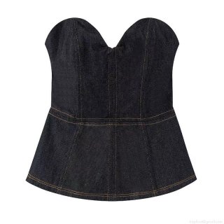 Women Sexy Denim Peplum Tube Top Strapless Fishbone Bustier Corset With Front Metal Zipper Contrast Stitching Streetwear Party Top