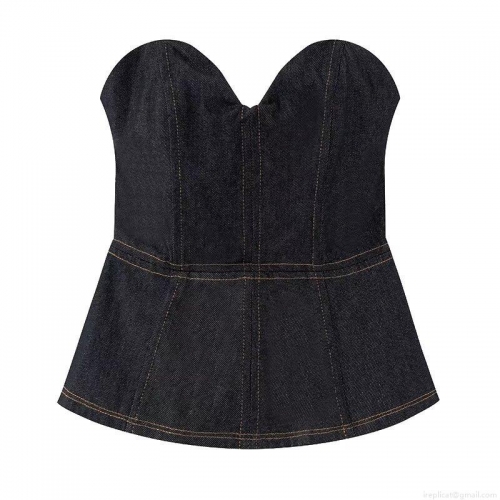 Women Sexy Denim Peplum Tube Top Strapless Fishbone Bustier Corset With Front Metal Zipper Contrast Stitching Streetwear Party Top